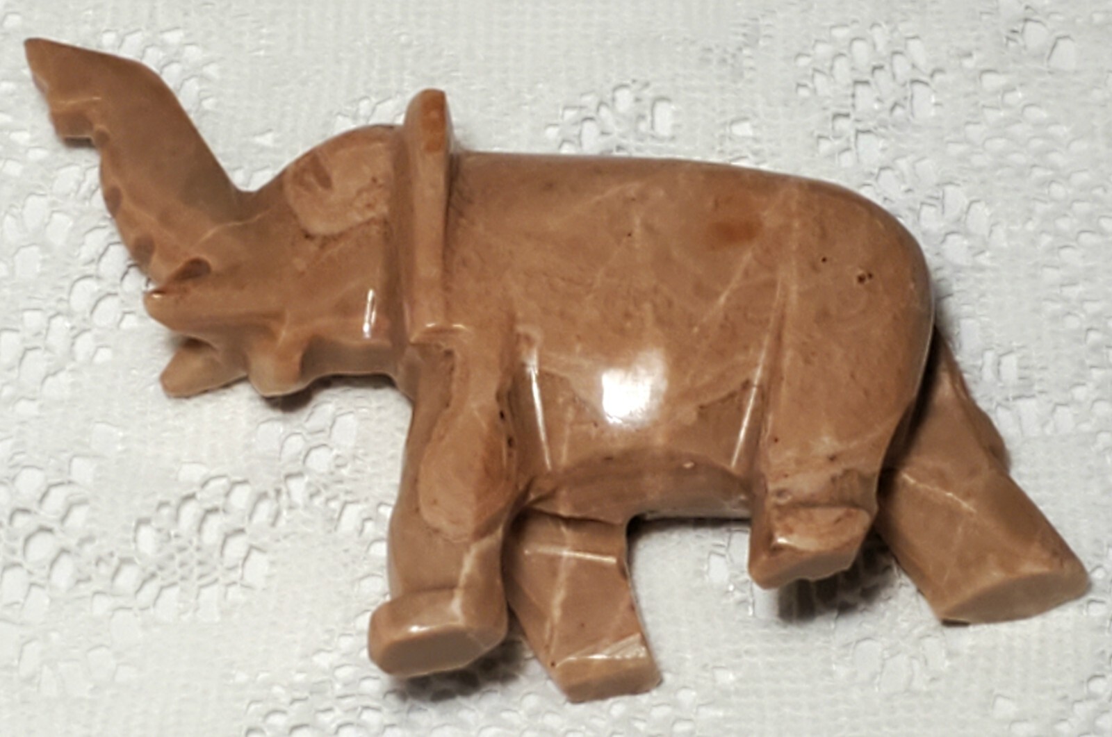 Natural Pink Blush Stone Elephant Hand Carved Marble Trunk Up for Good Luck Vtg