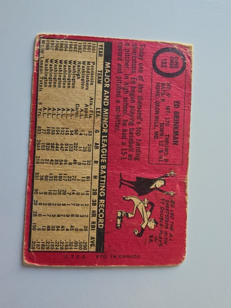 1969 OPC ED BRINKMAN # 153 SENATORS