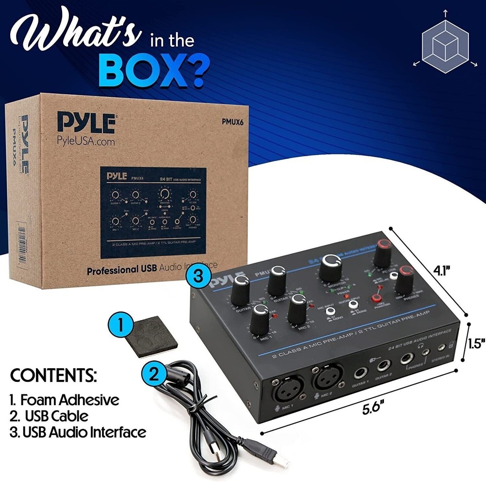 Pyle Compact 2 Channel USB Audio Interface w/Ultralow Noise Design - PMUX6