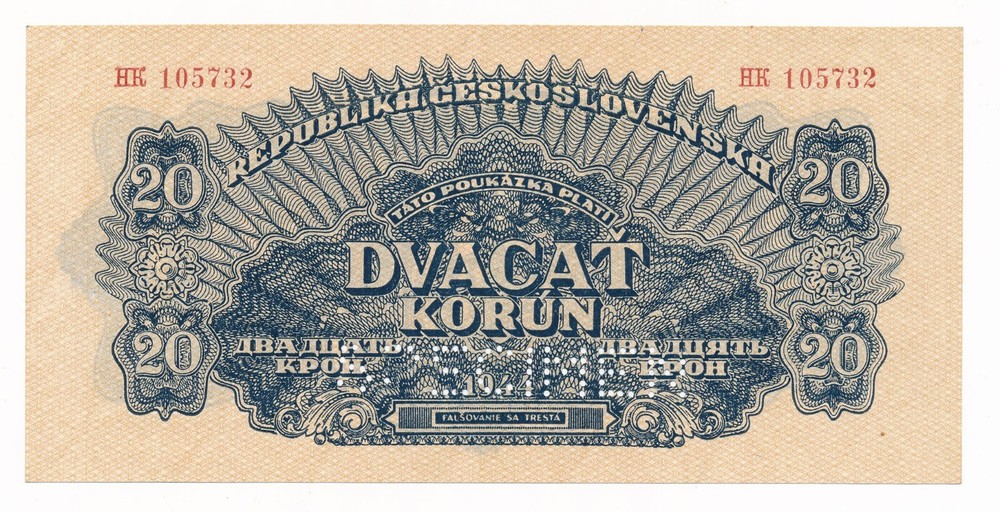 Czechoslovakia 20 Korun 1944 P. 47/ 47a gEF Note