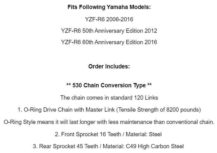 Gold O-Ring Drive Chain & Sprocket Kit for Yamaha R6 YZF-R6 2006-2016