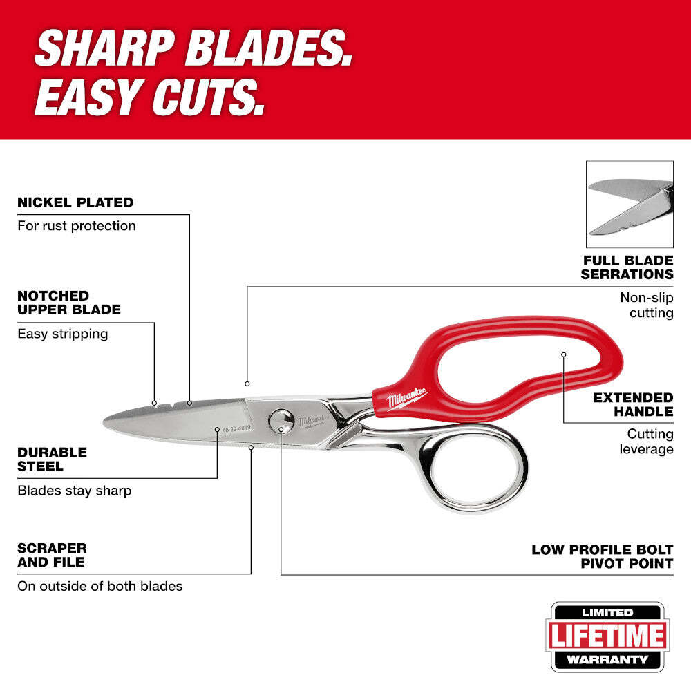 Milwaukee 48-22-4049 Durable Sharp Steel Electrician Scissors w/Extended Handle