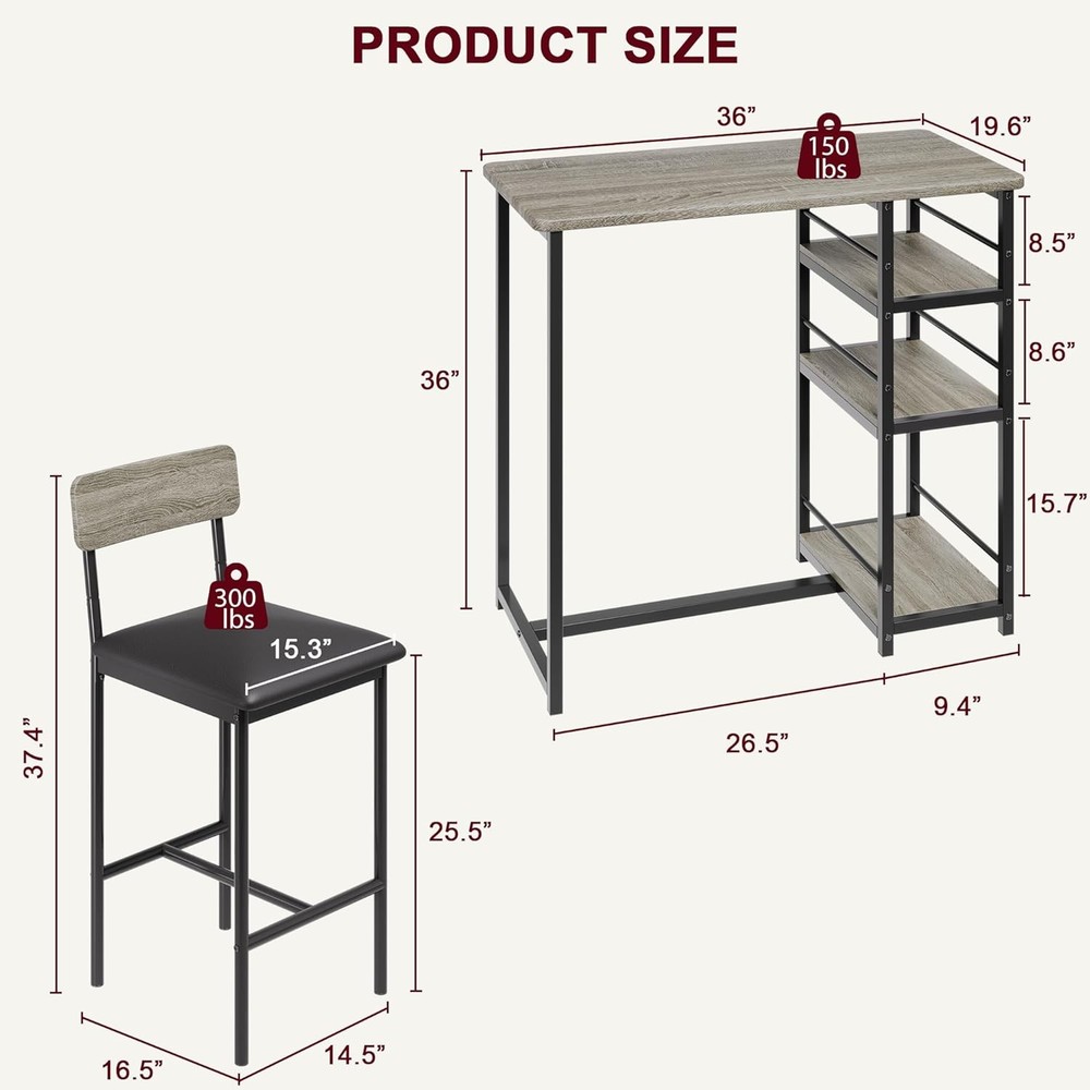 Bar Table and Stools Set for 2, Modern Dining Table Set with 3 Storage Shelves