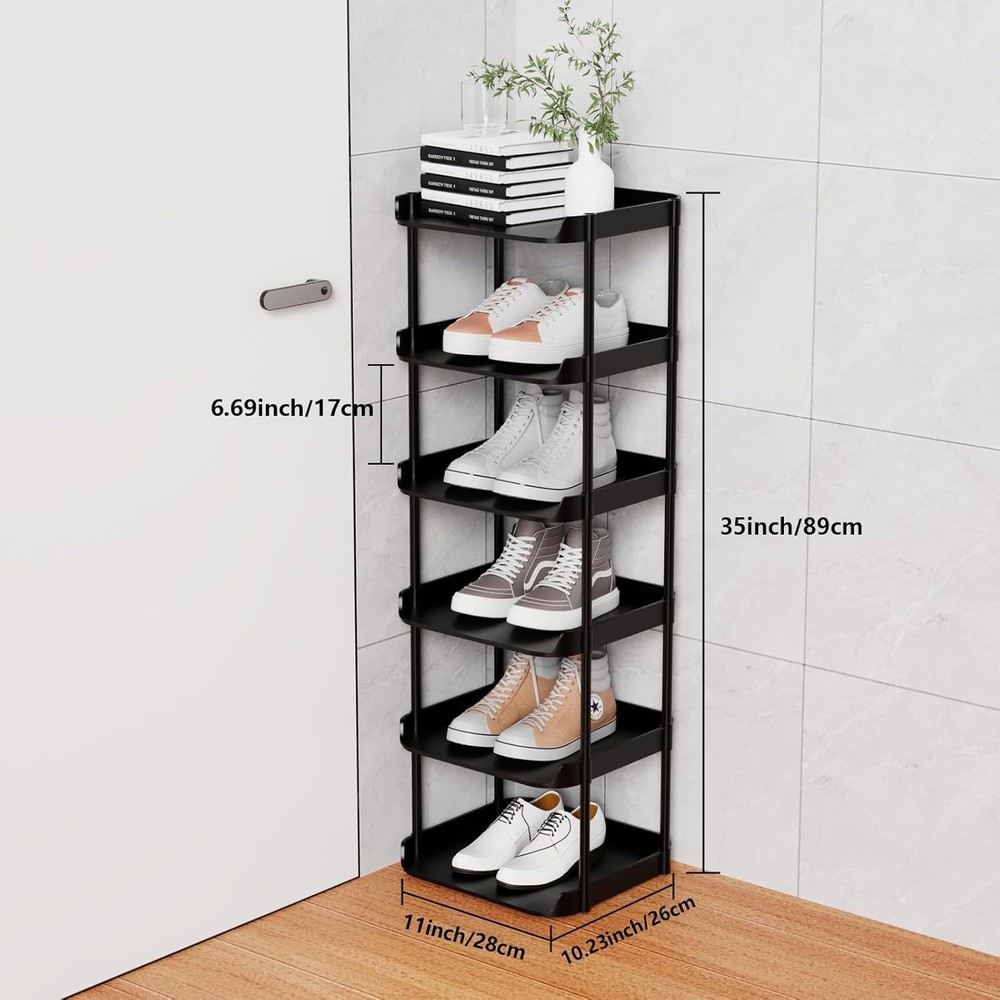 6 Tier Vertical Narrow Shoe Rack, Stackable Tall Skinny Shoerack, Compact Single