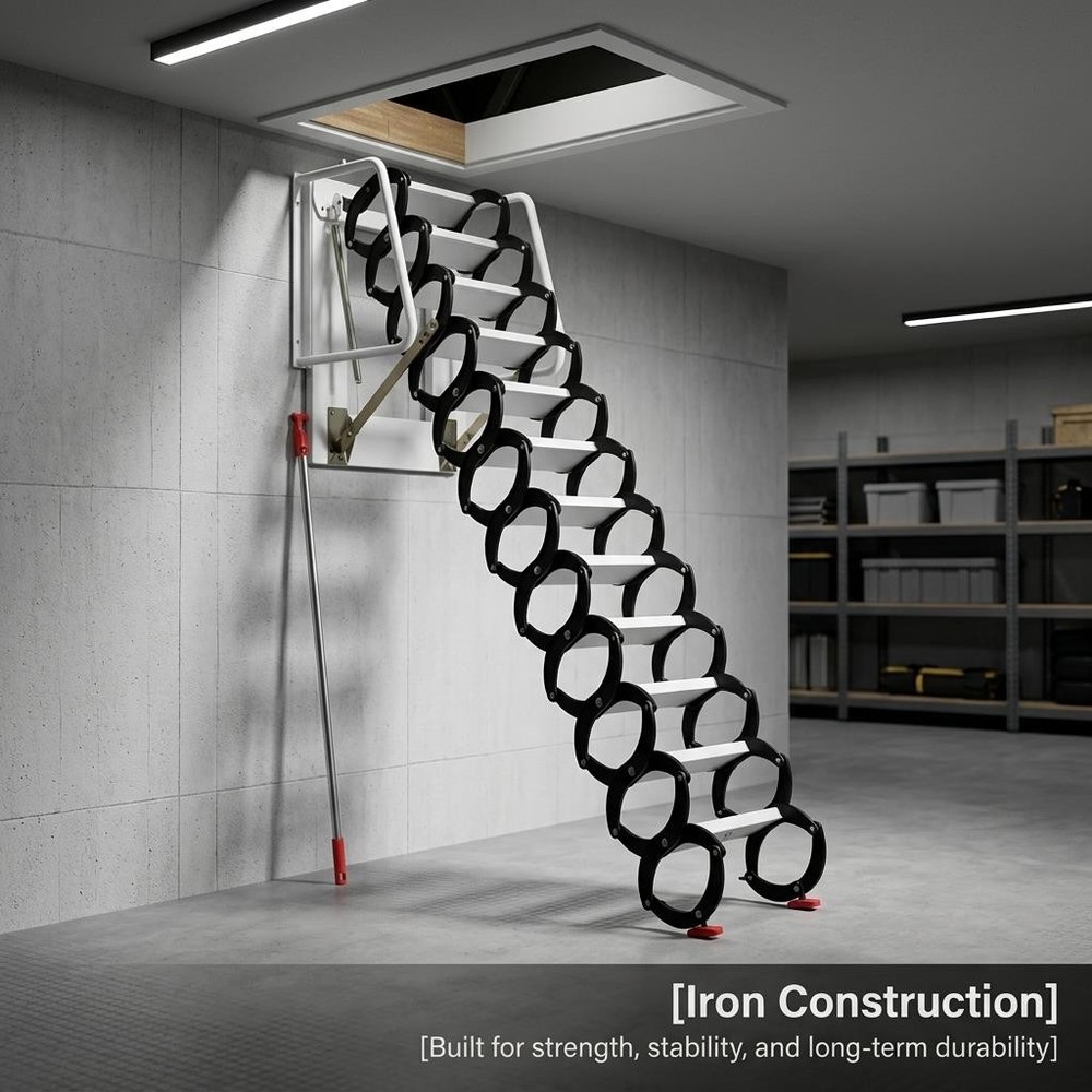 12 Steps Wall Mounted Folding Ladder Loft Stairs Black Attic Steps Pull Down