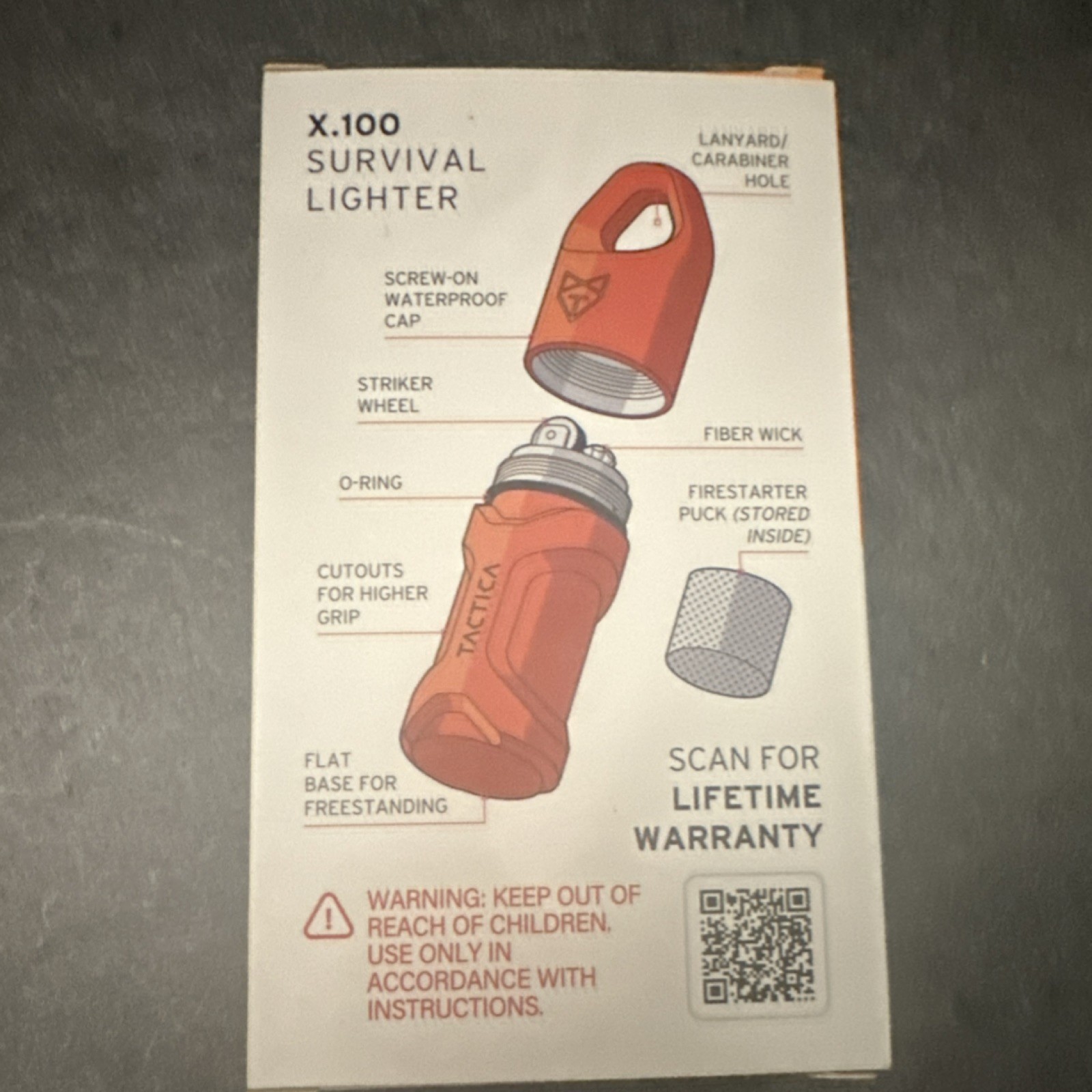 Tactica X.100 Survival Lighter Orange Waterproof Cast Zinc Emergency Firestarter