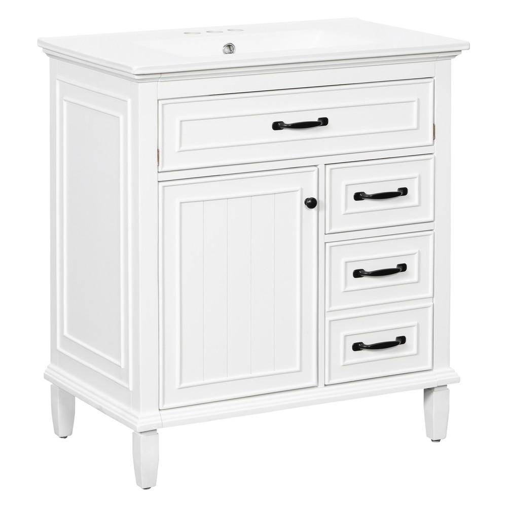 30" White Bathroom Vanity with Ceramic Sink and Solid Wood Cabinet