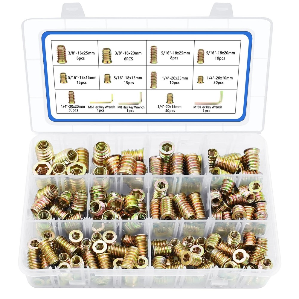 170 PCS Threaded Inserts Nuts, 10 Sizes-1/4-20, 170 PCS, zinc plated