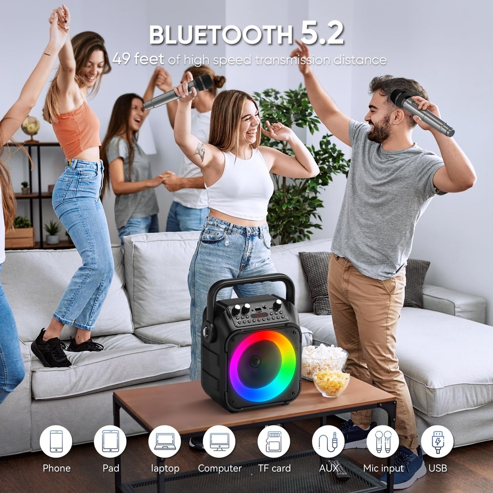 Portable Black Karaoke Machine with Wireless Microphones and Bluetooth 5.2