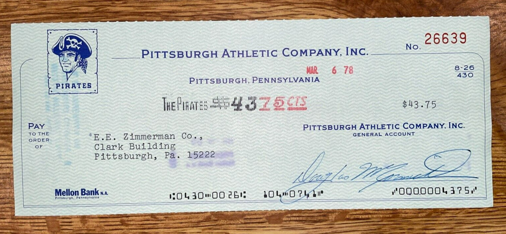 1978 Pittsburgh Pirates: Expense Check: E.E. Zimmerman Co