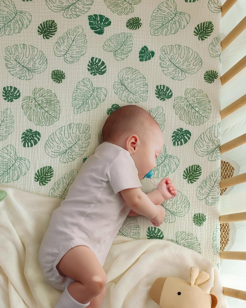 Blissful Diary Muslin Crib Sheets 2 Pack, Monstera & Dark Green