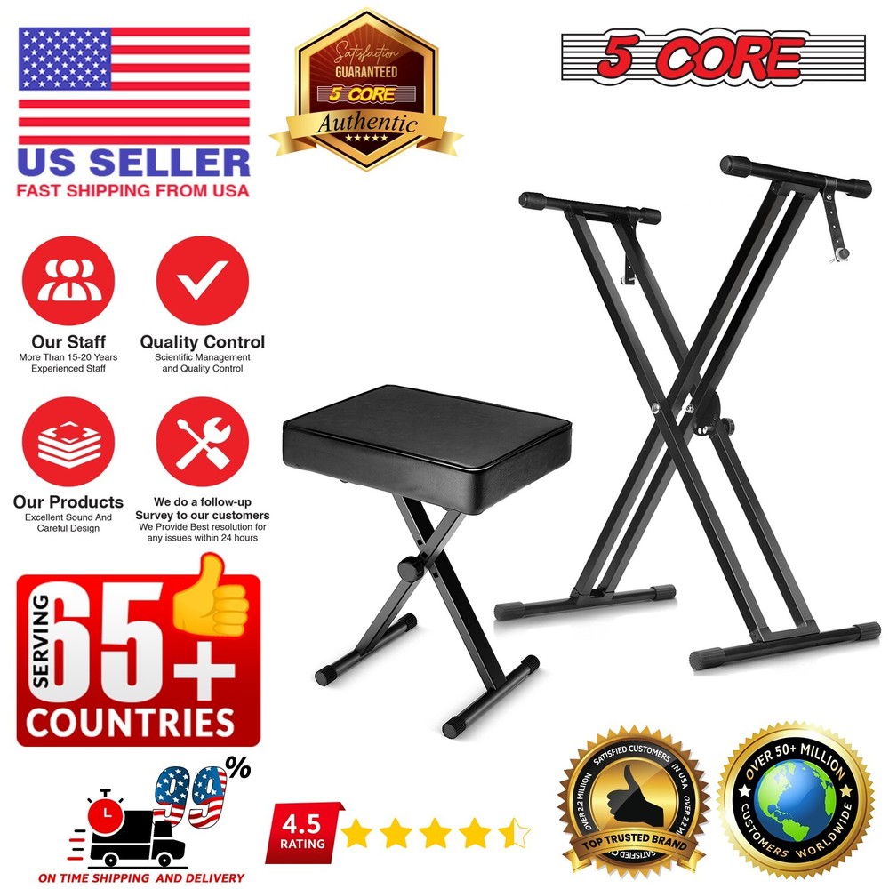 5Core Keyboard Stand Double XStyle Adjustable Piano Riser + Keyboard Piano Bench