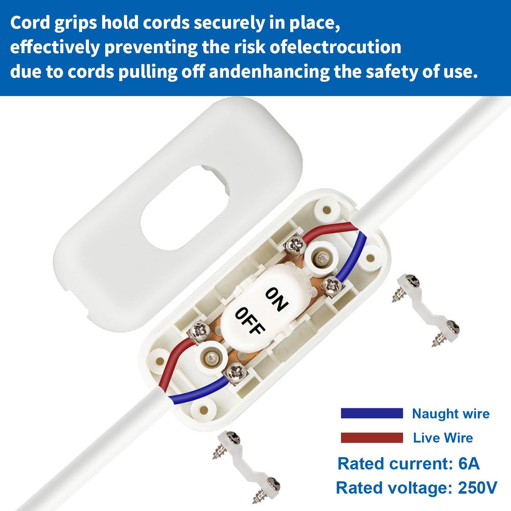 Inline Cord Switch 2-Pack White Button,Rated 6A 250V On/Off Electrical Wire Appl