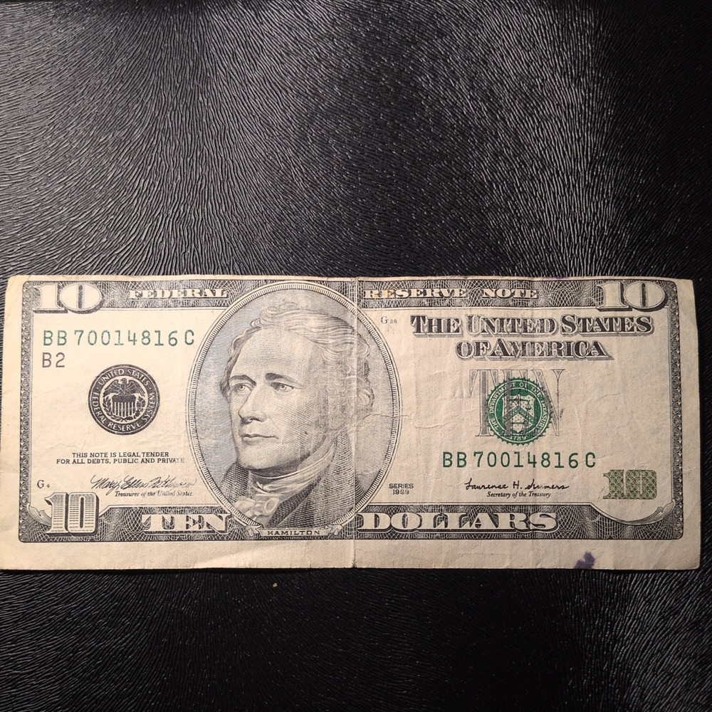 1999 Miscut $10 Bill US Reserve Note With High Serial Number