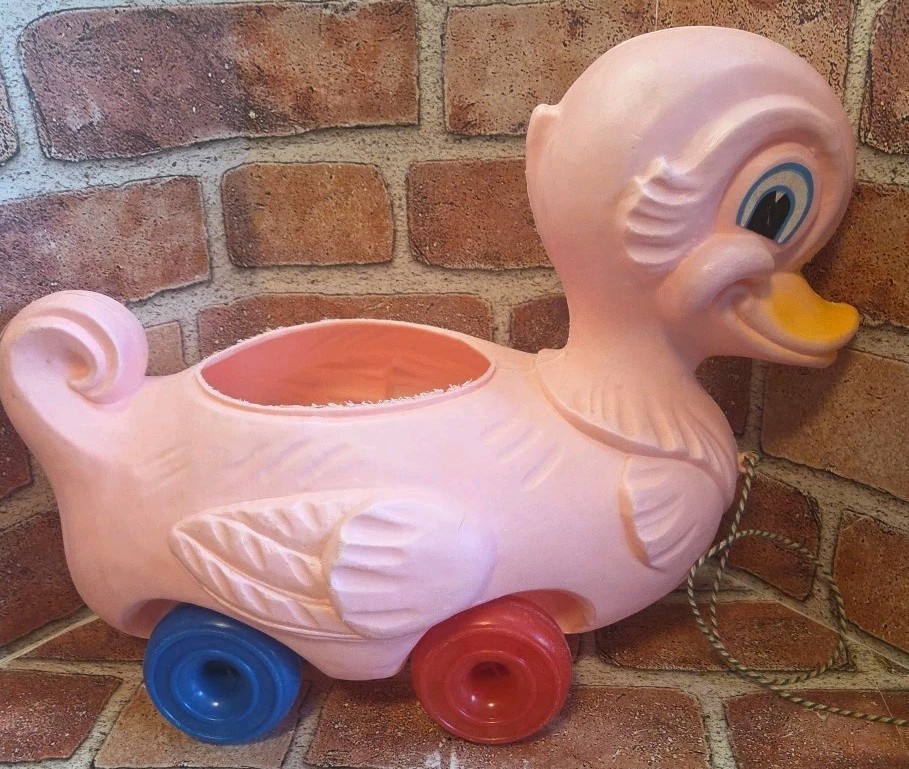 Vintage PINK Duck Plastic Blow Mold on Wheels Easter Basket Pull Toy