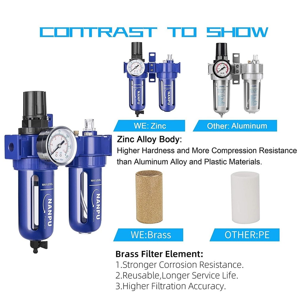 Durable 3/8" NPT Air Filter Regulator Lubricator with 5 Micron Brass Element