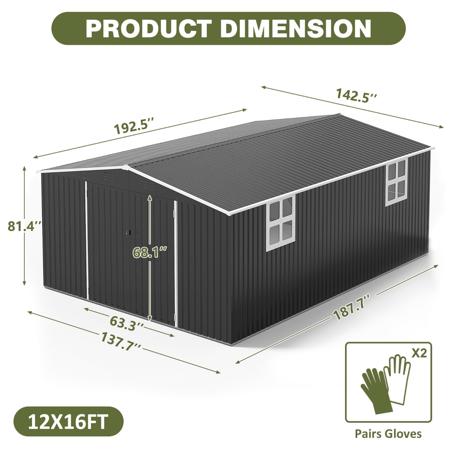 12x16FT Outdoor Metal Storage Shed with Lockable Door, New