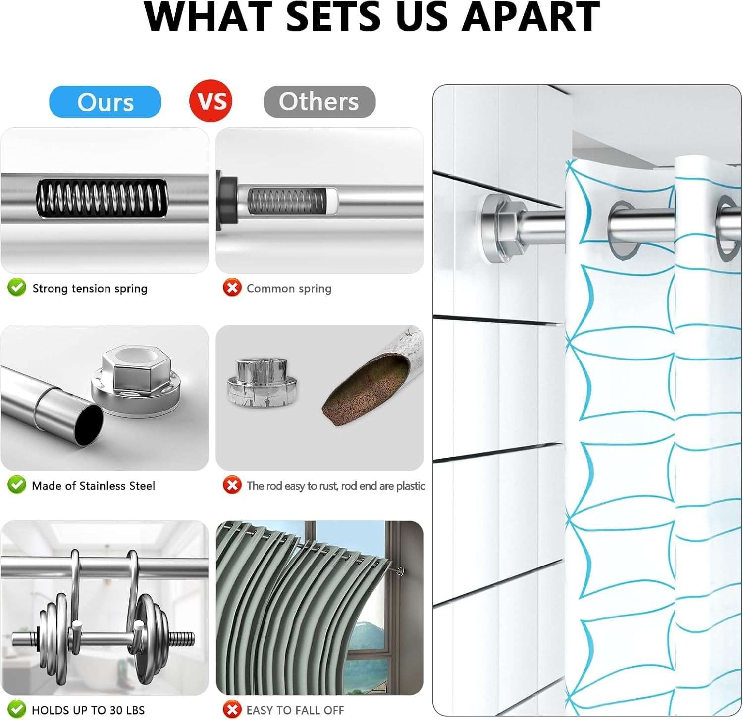 Shower Curtain Rod 27-79 Inches, Adjustable Tension Shower Rod No Drilling, No S