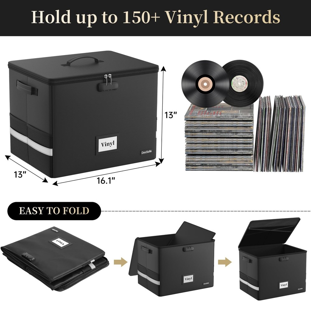 DocSafe Fireproof Vinyl Record Storage Box with 16.1"x13"x13", Black