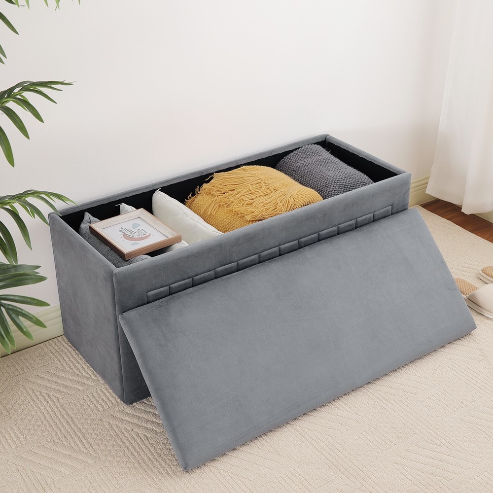 Velvet Tufted Rectangle Storage Ottoman Bench with Channels - Bedroom Accent
