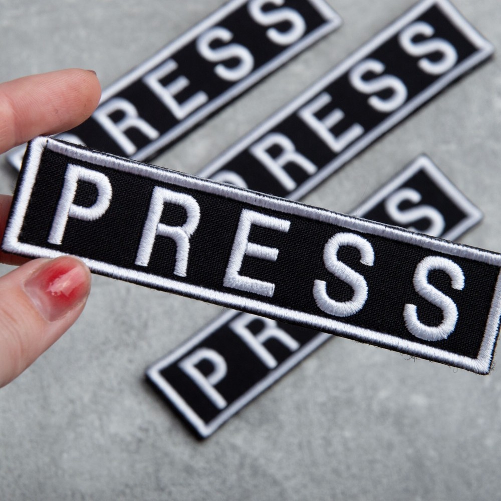 3-Piece Embroidered PRESS Patch for Vests, Jackets, Large & Small, Black & White