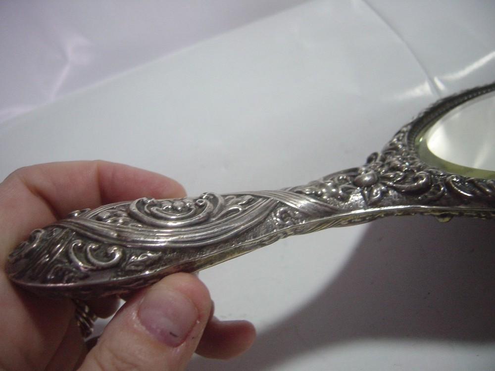 SPECTACULAR-SOLID SILVER - LARGE ELEGANT HAND HELD MIRROR-SUPERB DESIGN