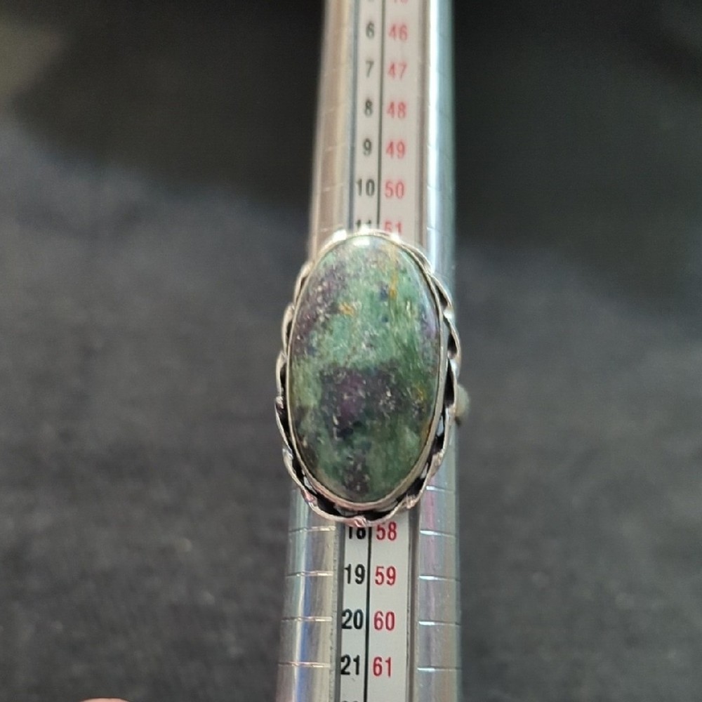 Silver Plated Green Ruby Fuchsite Gemstone Oval Statement Ring - Size 7