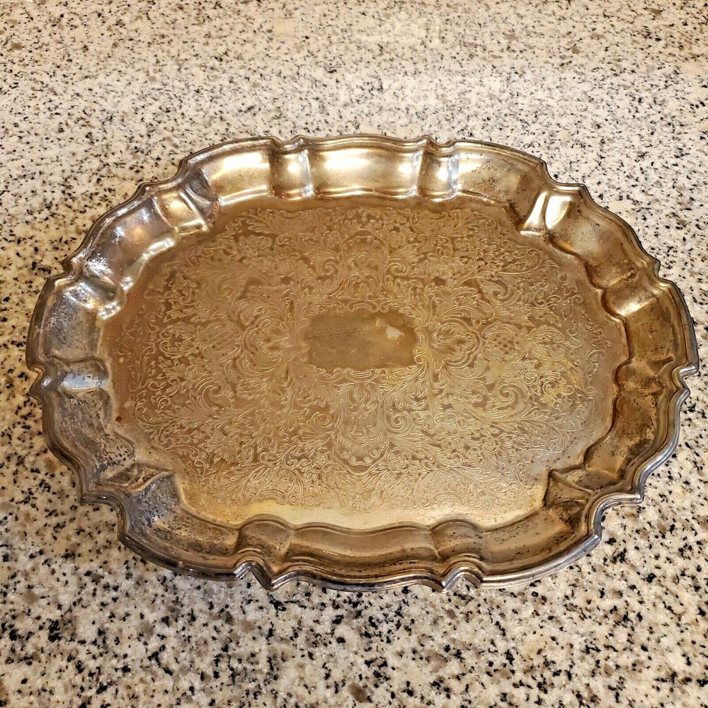 Vintage Ornate Silverplate Serving Tea Tray Footed Scalloped Oval 14" Silver
