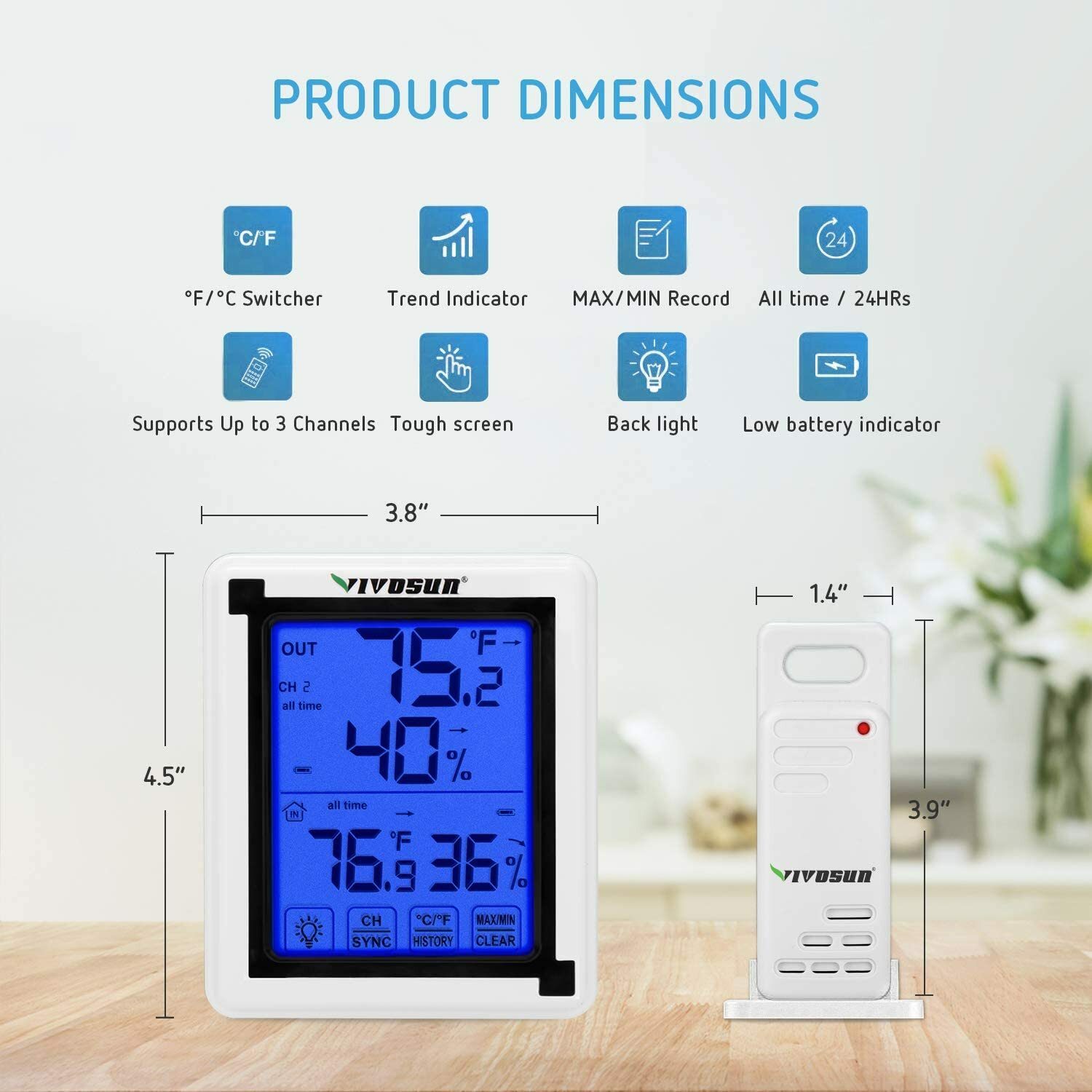 VIVOSUN Digital Hygrometer Thermometer Humidity Monitor w/ Remote Sensor