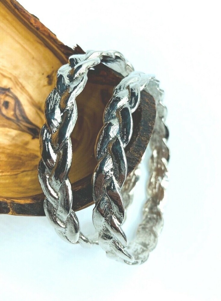 Two Braided Silver Tone Metal Bangle Bracelets