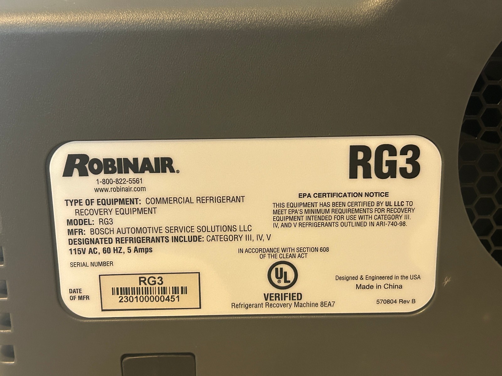 Robinair RG3 RG3 Portable Refrigerant Recovery Machine New Open Box