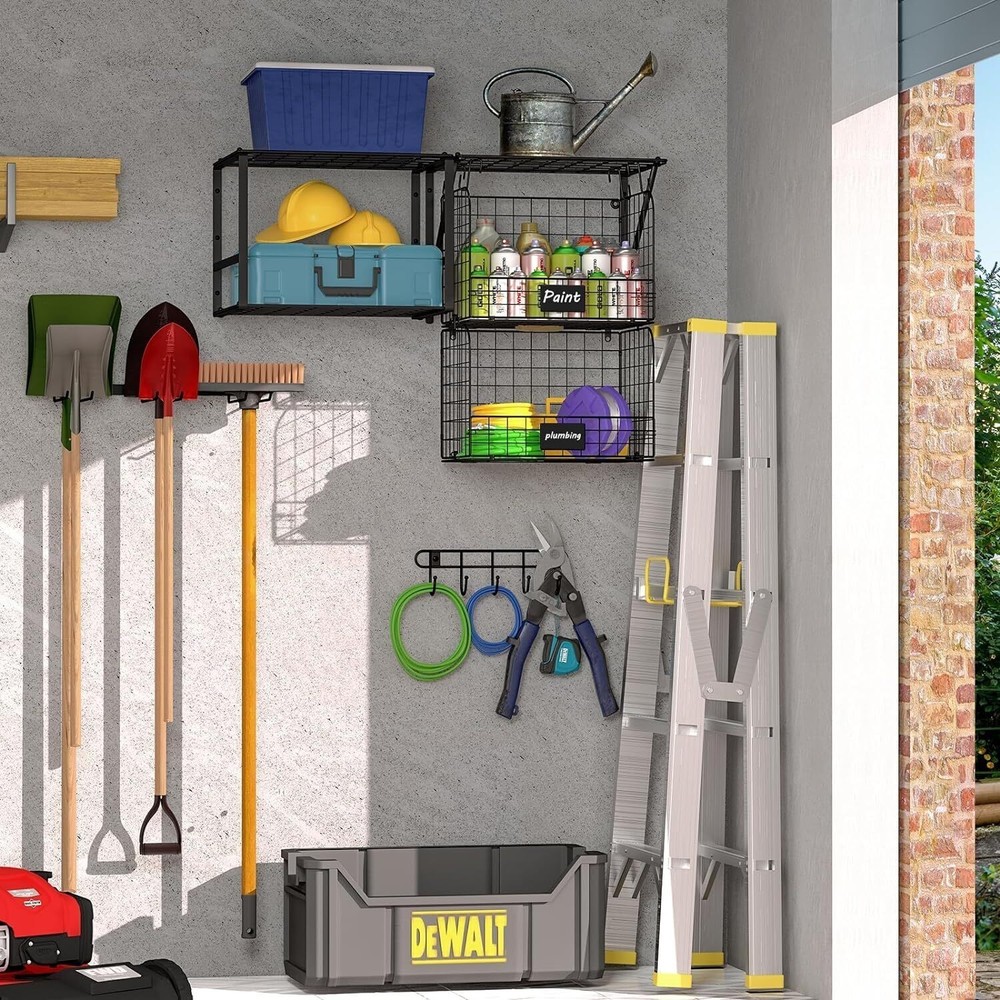 Garage Shelf Wall Mounted with Wire Baskets Heavy Duty Shelving Tool Organizer