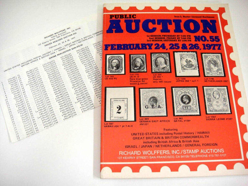 Wolffers Stamp Auction Catalog 1977 w Prices Realized Britain Israel US Hawaii