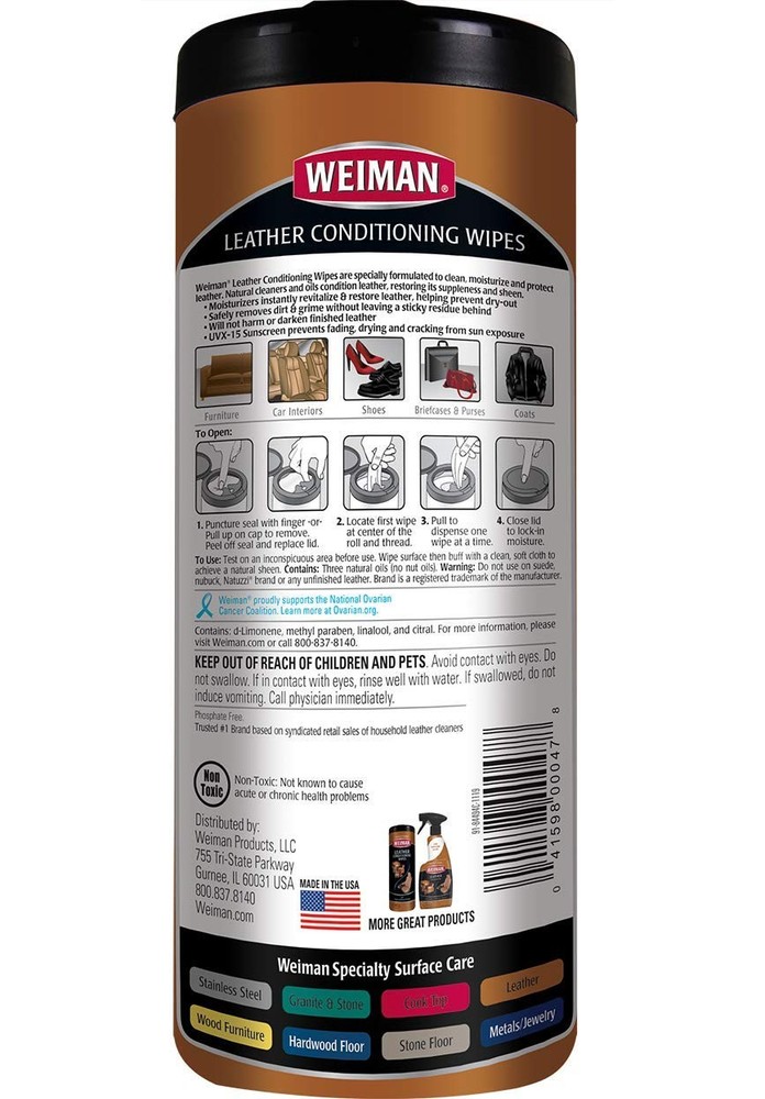 Leather Wipes 2 Pack Weiman Clean Condition Protection Help Prevent Cracking