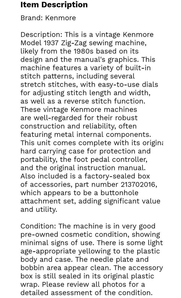 Sears Kenmore Model 1782480 Zig-Zag stitch Sewing Machine (Model 1935)