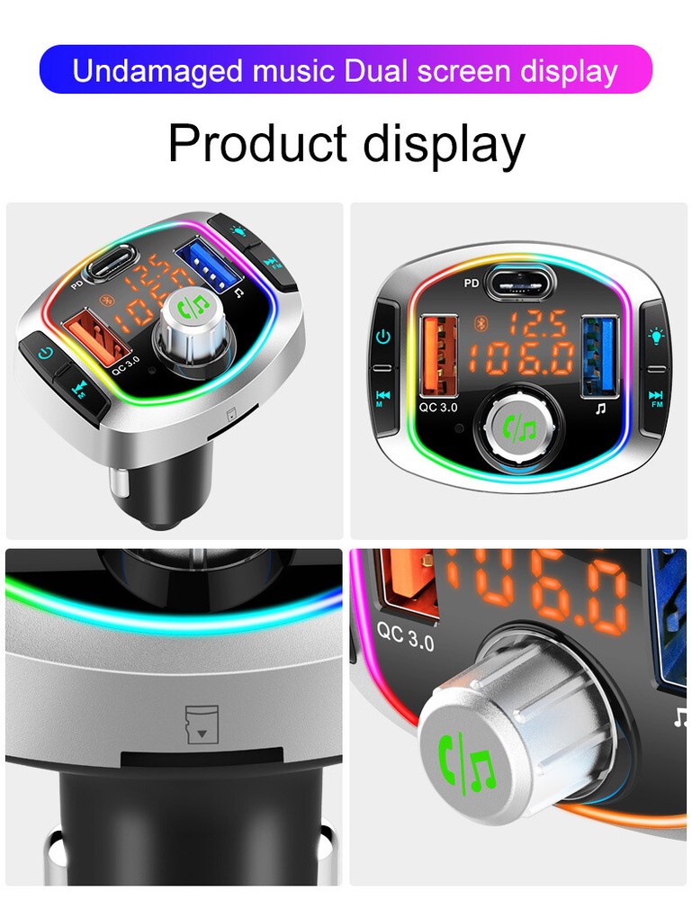 Car Stereo Bluetooth 5.0 FM Transmitter MP3 Hands free Radio Adapter USB Charger