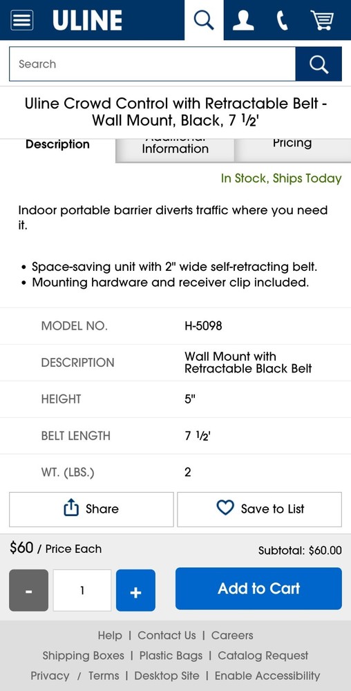 ULINE Retractable Barrier H-5098