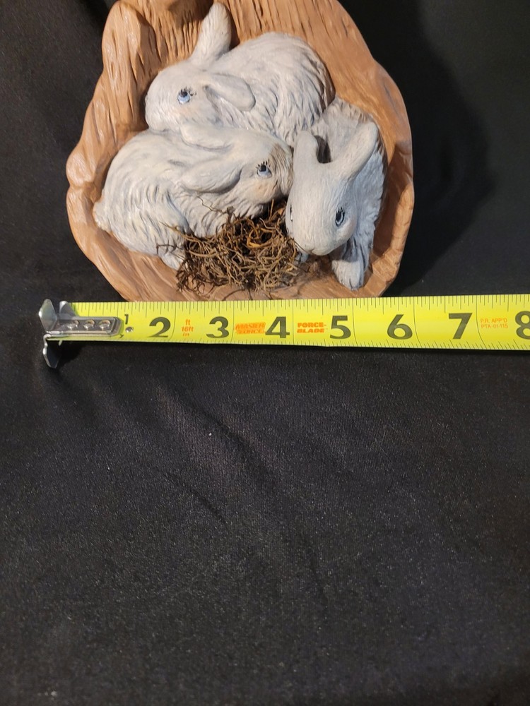 Decorative Ceramic Three Rabits Nestled Within a Tree Stump