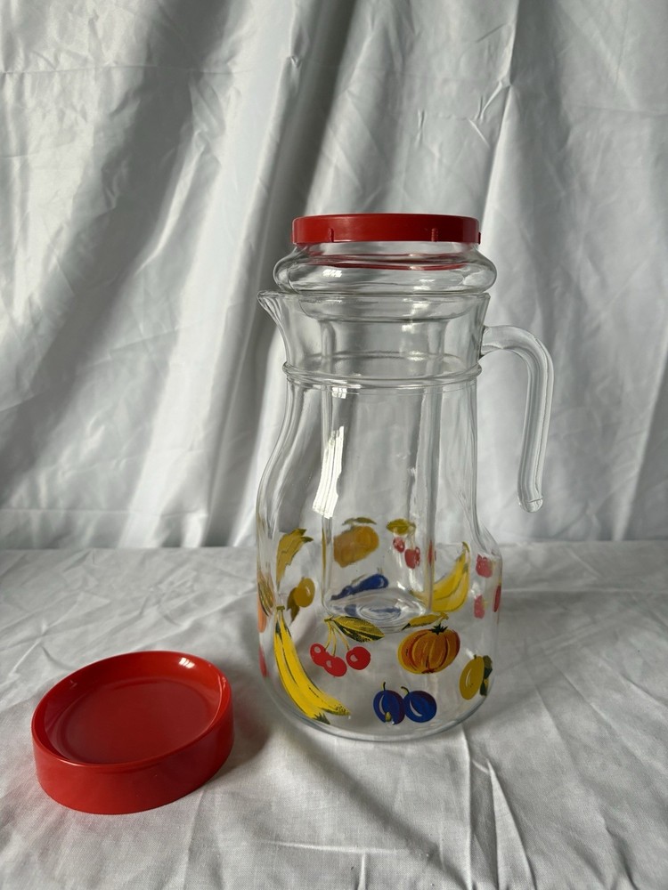 Large Vintage Glass Pitcher with Removable Ice Column | Fruit Pattern