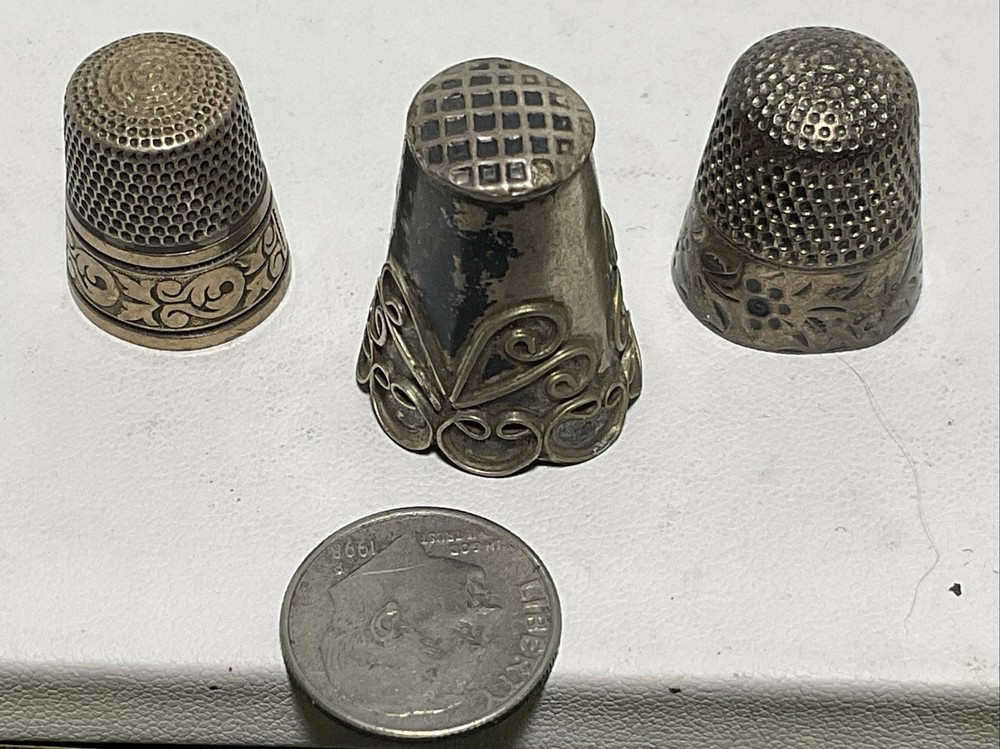 3 ANTIQUE Vintage Solid SILVER  Size 7  THIMBLEs