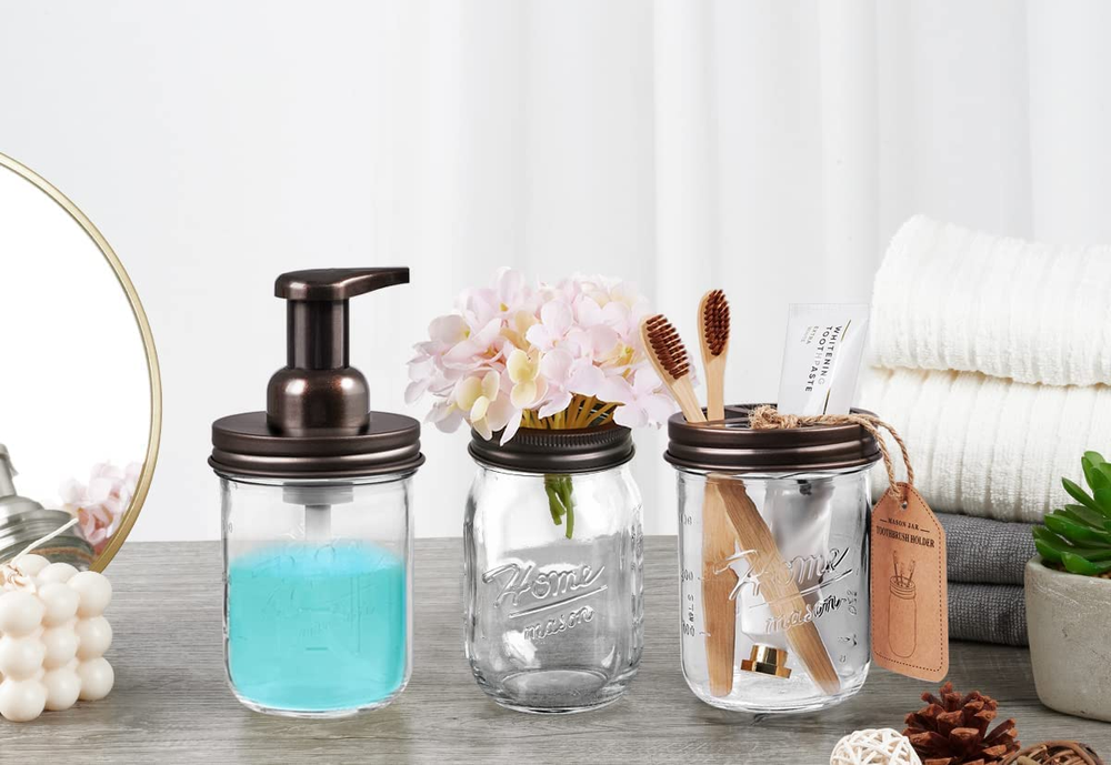 Mason Jar Bathroom Accessories Set - Includes Mason Jar Foaming Hand Soap