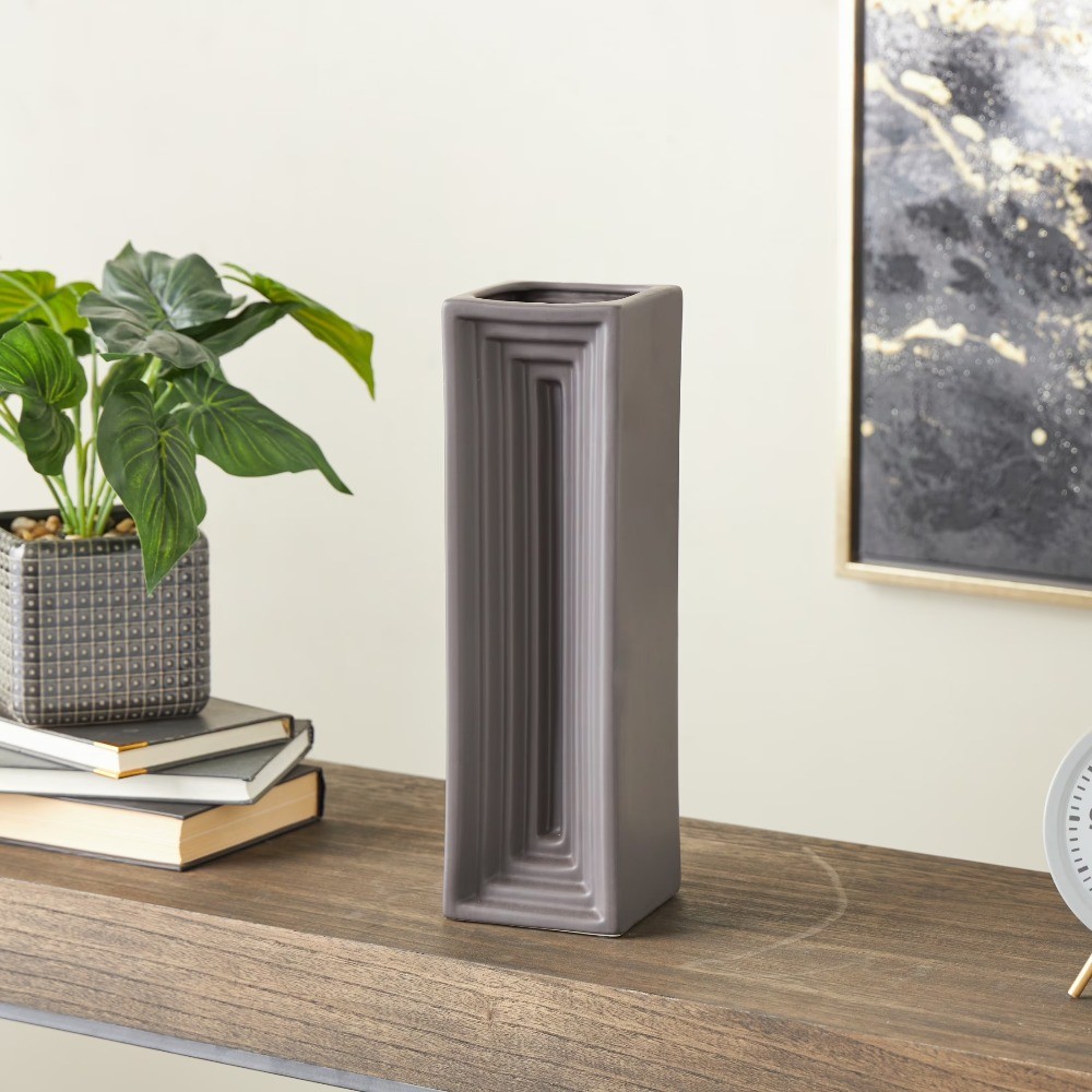 15" Geometric Concaved Rectangular Black Ceramic Vase