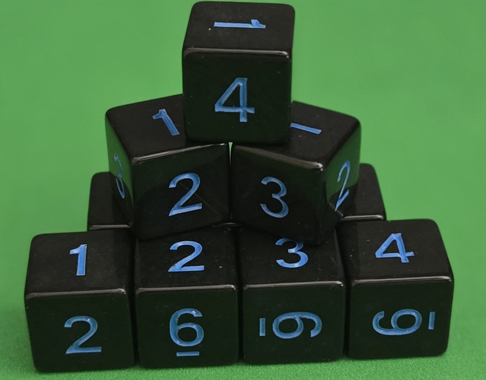 d6 DICE SET (10) 16mm - BLACK/BLUE NUMBERED, WARHAMMER, D&D, RPG, NEW