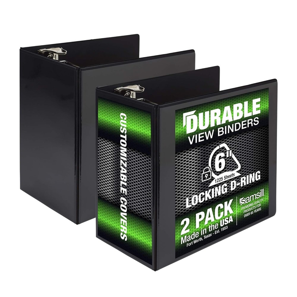 Durable 6-Inch 3-Ring Binder - Locking D-Ring & 100% Recycled Chipboard - 2 Pack