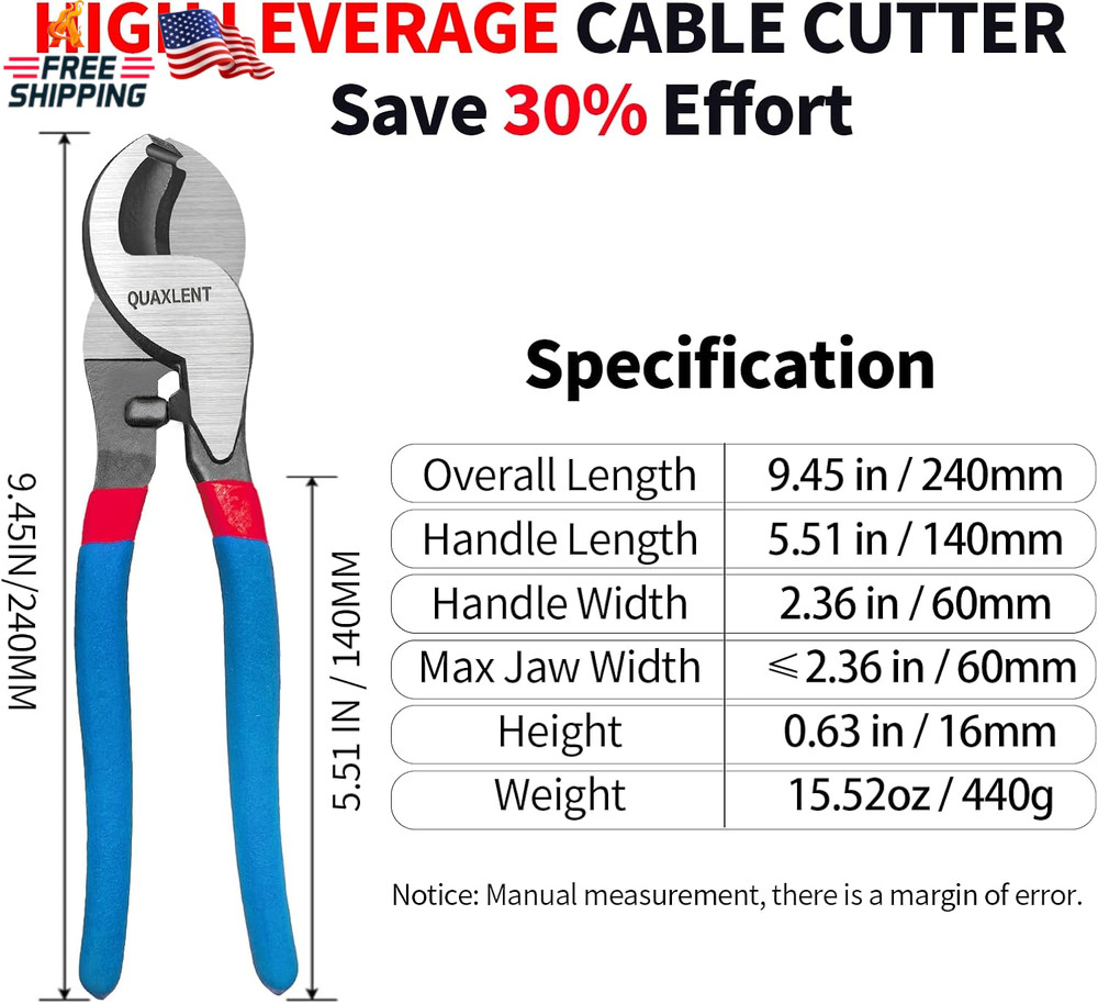 10 Inch Large Cable Cutter Heavy Duty High Leverage Big Wire Cutting Plier Tool