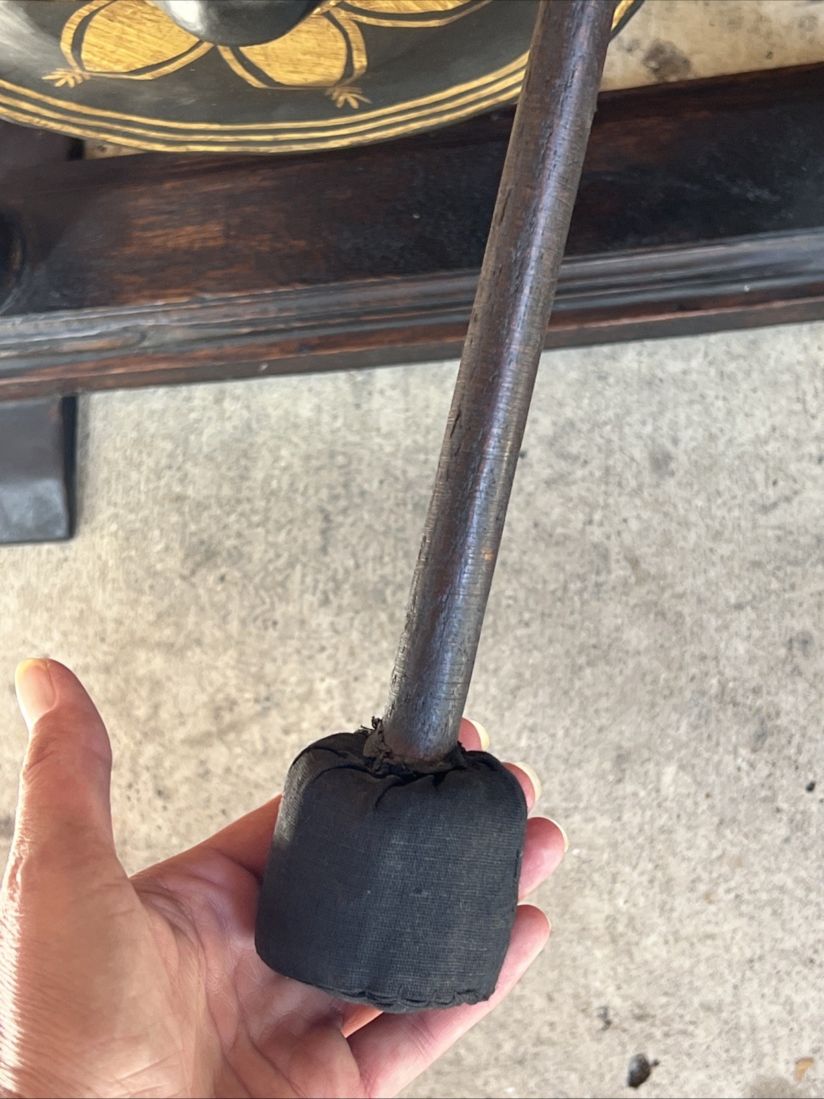 Vintage Thai-Style Temple Gong on Wood Stand 22” w/ Mallet Buddhism Decor