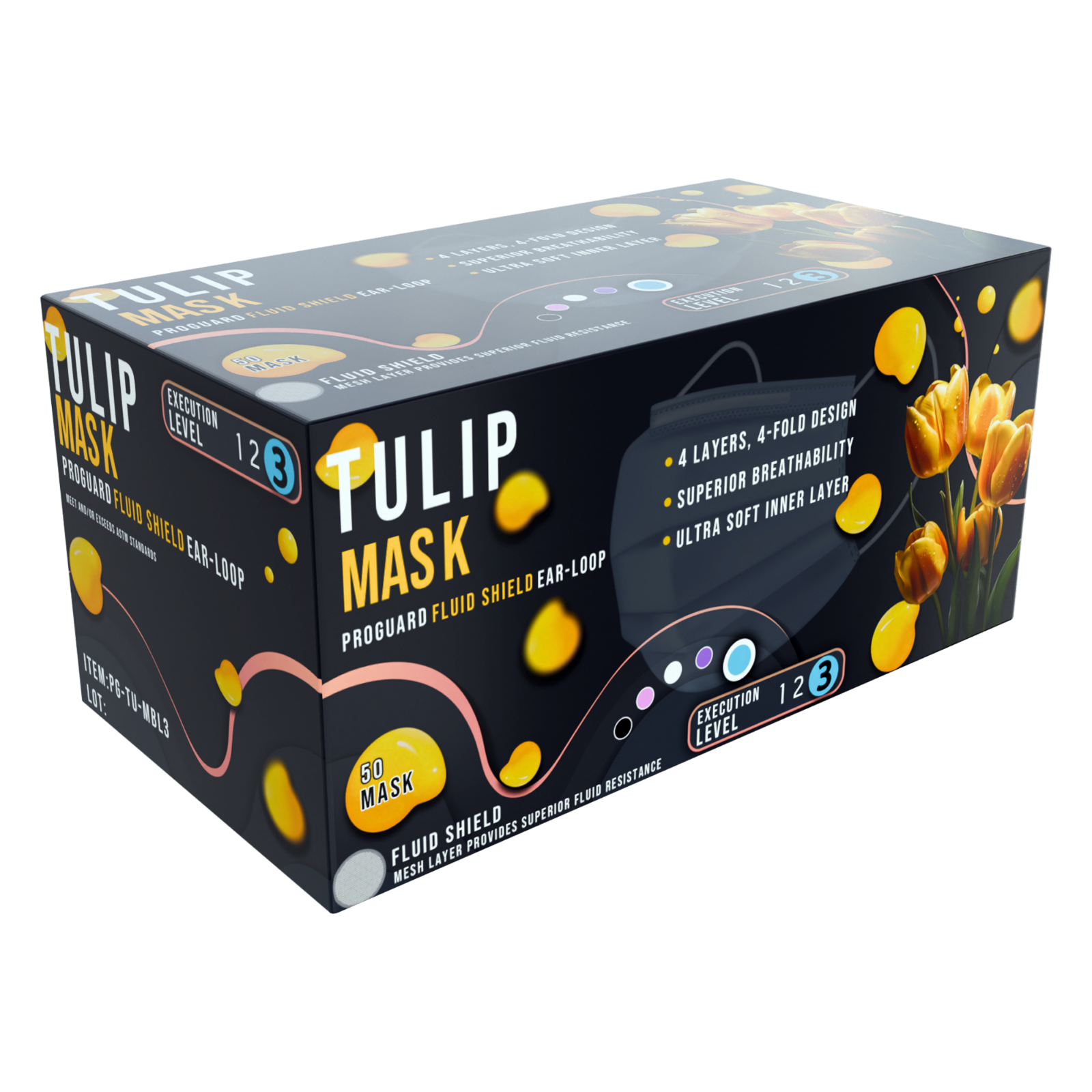 50 Blue ASTM Level 3 Face Masks 4-Ply, Disposable Surgical Medical Shield Tulip