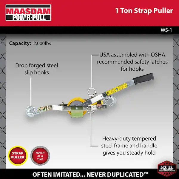 Web Strap Puller Come Along Tool Heavy-duty Tempered Steel Frame 1-Ton Capacity