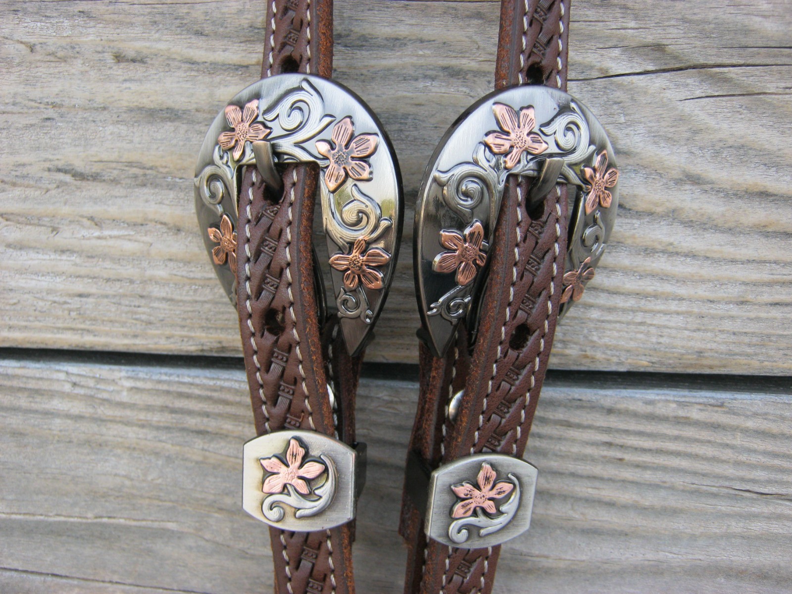 West 74 Dark Oil Leather 5/8" One Ear Copper Wildflower Buckles Headstall
