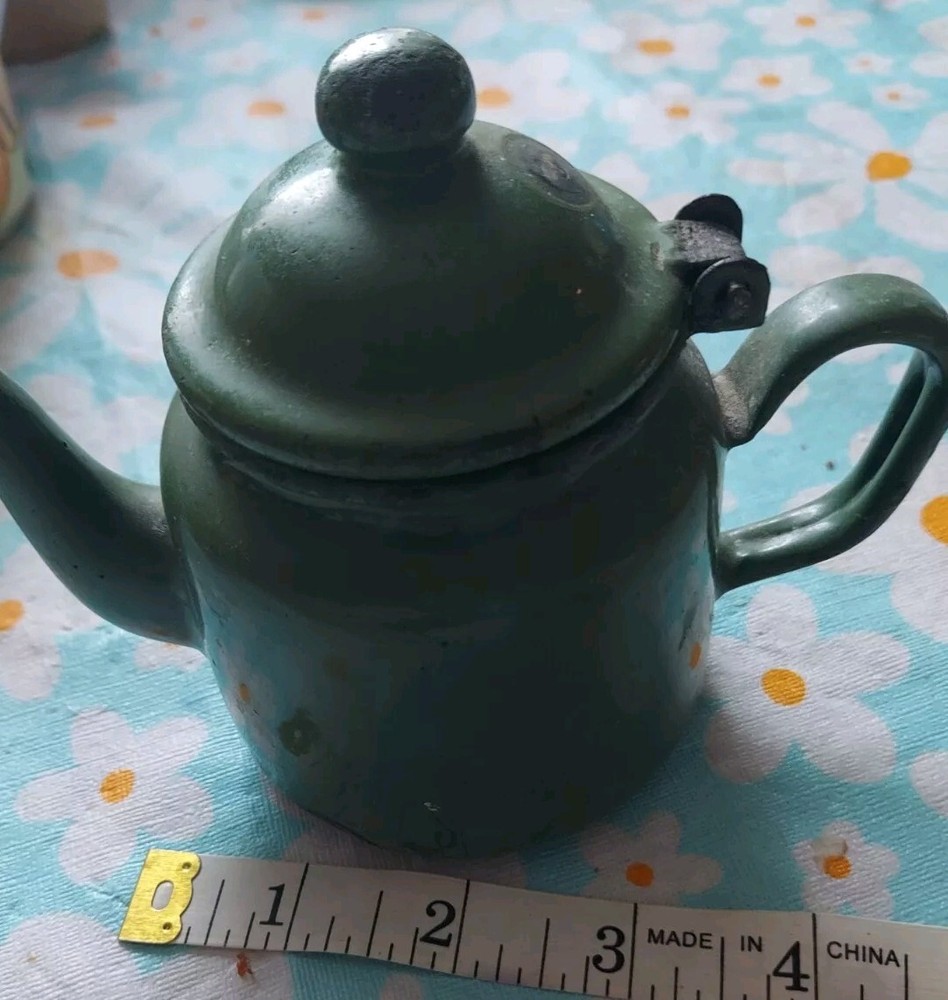 Vintage Coated Enamel Hospital Tea Coffee Pot 4" - Heavy Wear